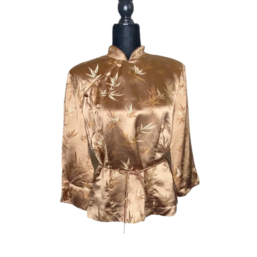 Jessica Howard Vintage 90s Robe Kimono Satin Top Jacket Faux Wrap Gold Sz Large - Picture 7 of 13